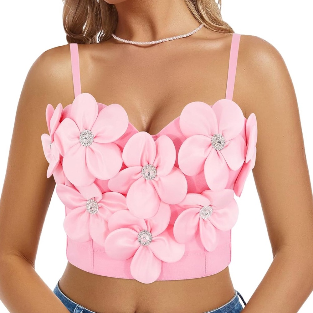Pink Floral Appliqué Crop Top